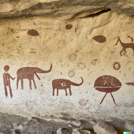 DALL·E 2023-02-25 14.36.36 - astronauts and flying saucer among animal rock paintings on the wall of a prehistoric cave
