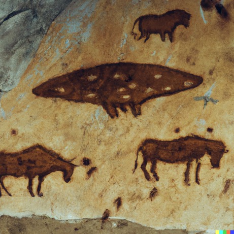 DALL·E 2023-02-25 14.42.37 - strange UFO painted among bisons horses and aurochs on the wall of prehistoric cave, ice age painting style